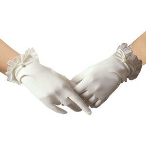 Women's Lvory Floral Lace Short Satin Ruffle Pearls Evening Gloves Party Prom